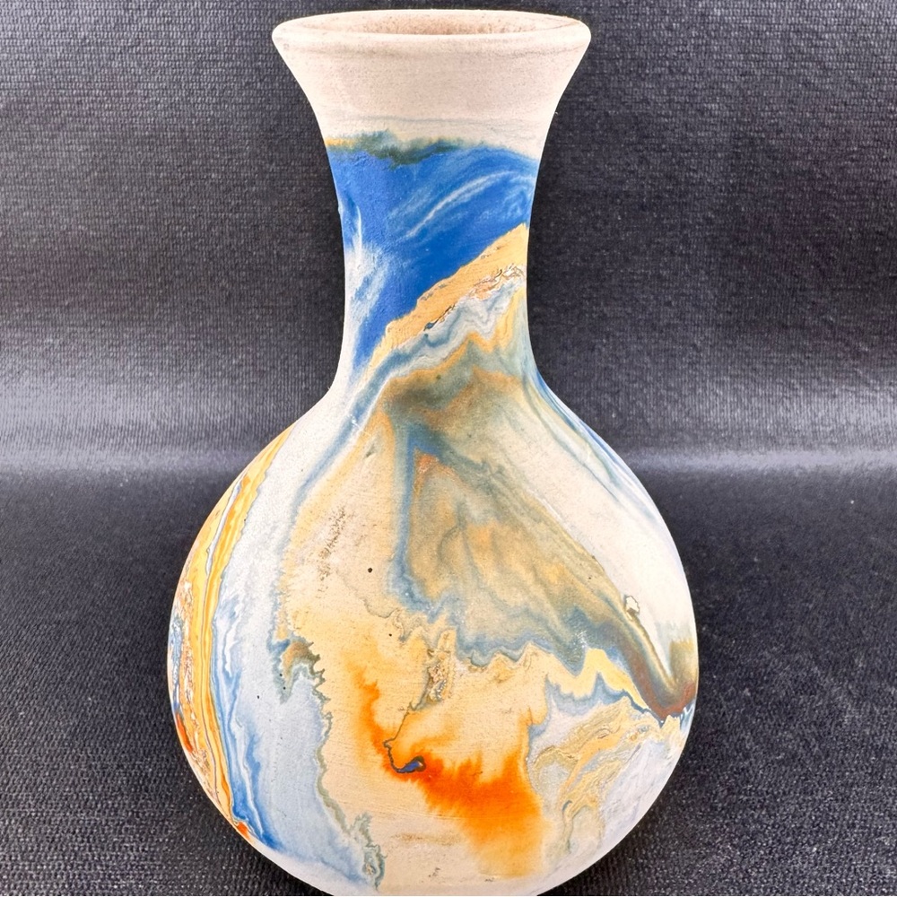 Nemadji Pottery Vase Swirl Rust Blue 6” Tall Made In USA